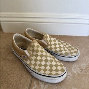 Vans Beige and White Checkered Slip-Ons